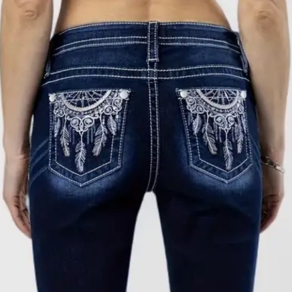 New! Long Length Dark Blue Embroidered Skinny Flared Jeans - Picture 3 of 11